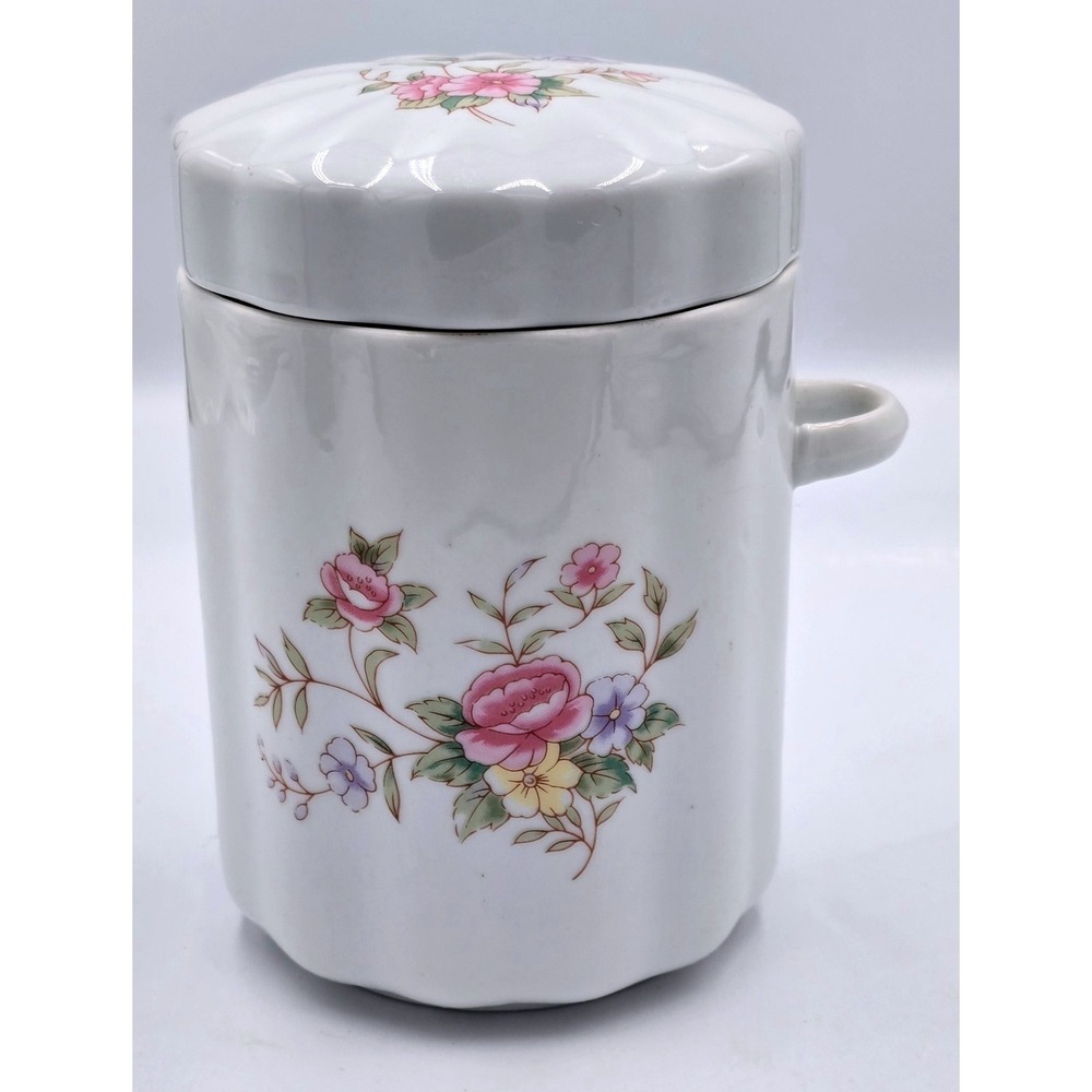 Vintage 1988 FTDA White Ceramic Floral Canister with Lid and‎ Side Handle Fluted
